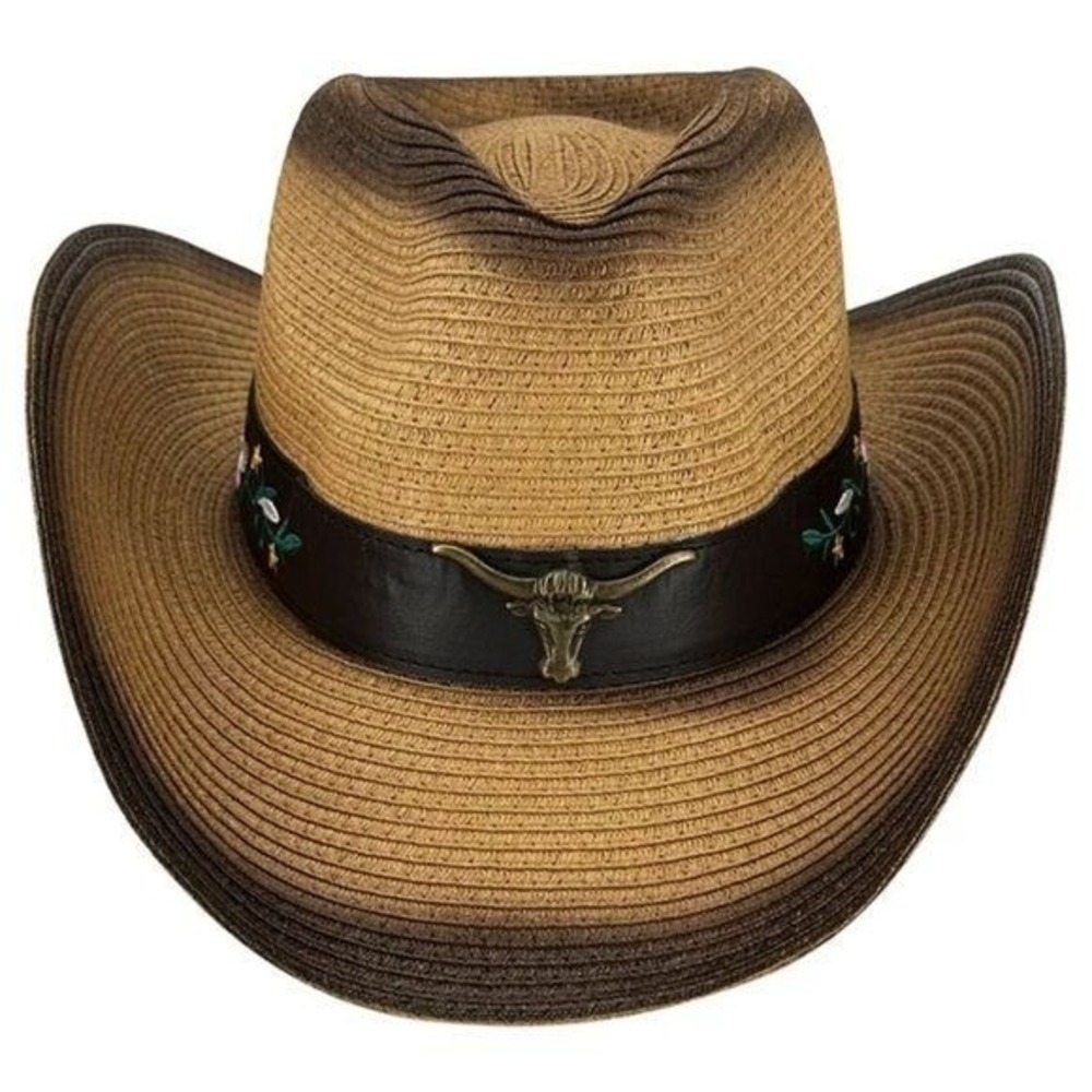 Two Tone Western Paper Straw Cowboy Hat Steer Head Band NWT - Picture 2 of 7